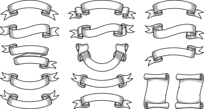 Vintage Hand Drawn Ribbon Banner Vector Set Featuring Blank Engraving Scrolls Ribbons Labels and Retro Heraldic Design Elements