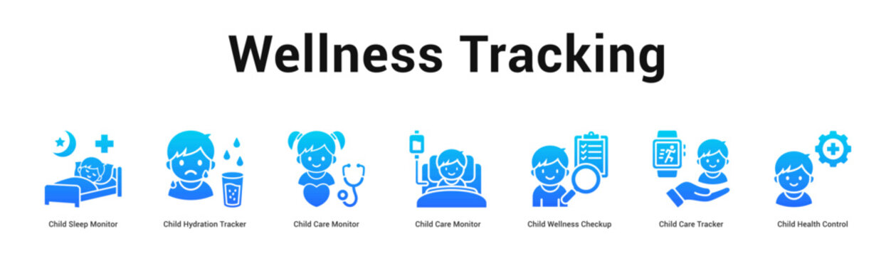 Wellness Tracking web banner icon vector illustration concept, Child Sleep Monitor, Child Hydration Tracker, Child Care Monitor, Child Care Monitor, C