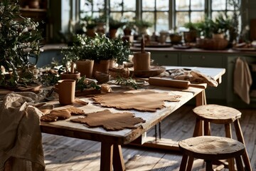 Obraz premium Bright farmhouse kitchen counter prepared for gingerbread baking, lit by soft golden hour light, wide layout with copy space.