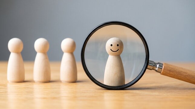 Wooden figure smiling under magnifying glass