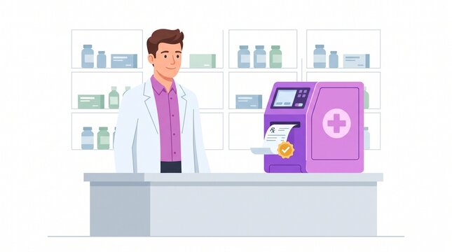 Pharmacist using prescription dispensing machine