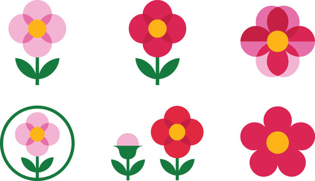 Minimalist Flower Vector Icon Set Featuring Geometric Pink and Red Blossoms with Green Stems Leaves Circle Badge and Bud Elements for Floral Logo Designs