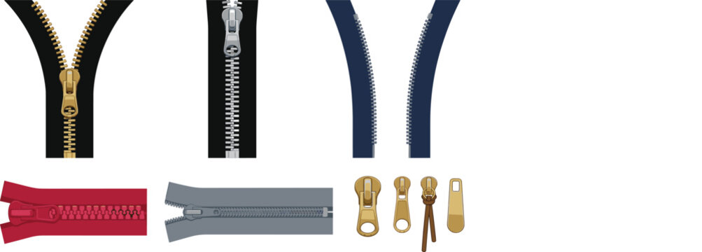 Zipper Vector Icon Set Featuring Open and Closed Metallic Slides Plastic Red Teeth Separate Track Elements and Gold Metal Pull Tabs for Fashion Apparel Designs