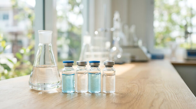 Glass vials and a conical flask with chemical solutions on a laboratory bench.
