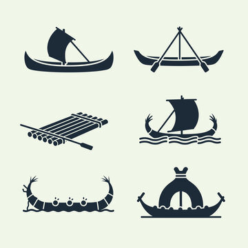 Norse Ship Icons: Viking Longboat, Raft, and Ancient Boats Silhouette Collection