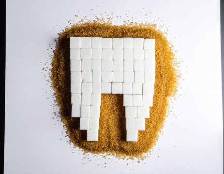 Sugar destroys the tooth enamel and leads to tooth decay. Sugar cubes are laid out in the form of a tooth and brown sugar symbolizes caries.