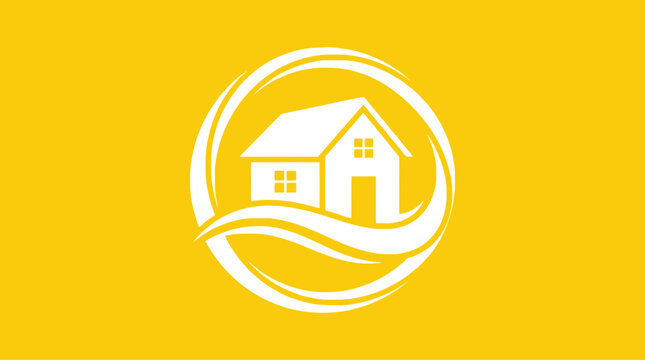 White house icon inside a circular wave design on a yellow background.