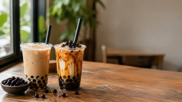 Two cups of bubble tea with black tapioca pearls sit on a wooden table next to a bowl of pearls near a window in a cozy cafe setting.