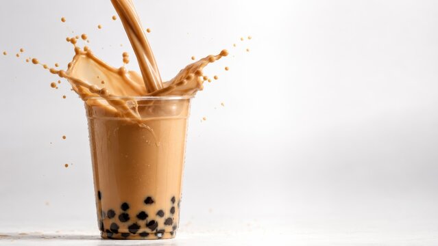 glass of milk tea with black tapioca pearls splashing as more tea is poured in, against a clean white background.