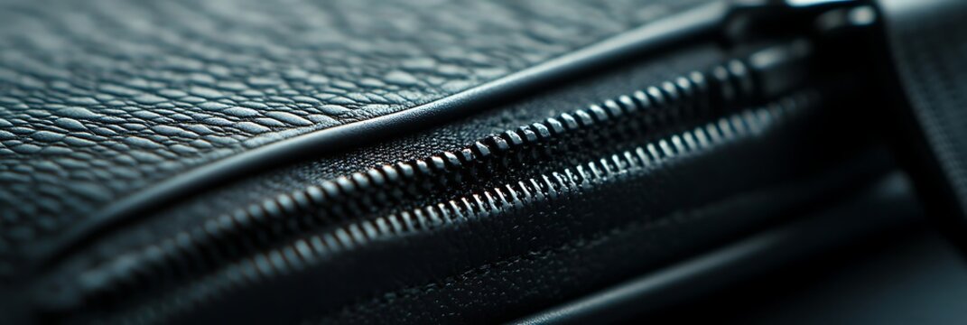 Close up of a black leather wallet with a shiny metal zipper