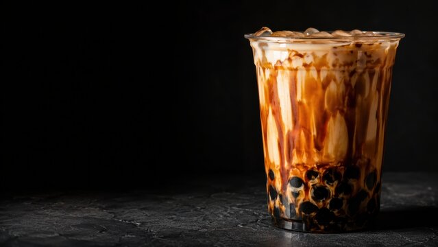 glass of creamy bubble tea with chocolate drizzle and tapioca pearls on a dark textured surface.