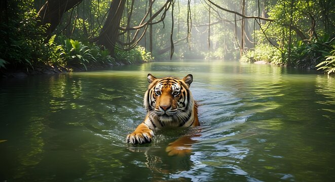 Majestic Tiger Swimming in a Jungle River with Eye Contact, and Lush Green Environment.
