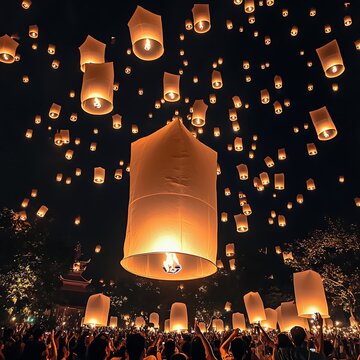 Sky lantern festival at night with large crowd releasing lanterns into the air