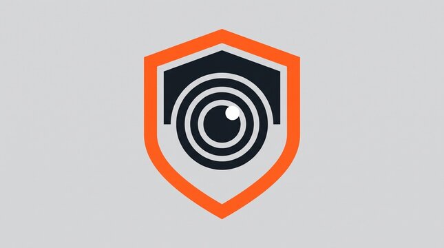 Modern CCTV surveillance camera lens icon within an orange shield emblem, representing safety monitoring and property protection.