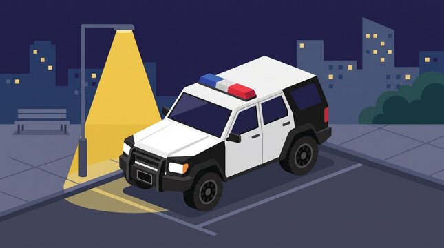 Modern isometric police SUV patrol vehicle parked under a bright street light in a night city for security and crime prevention