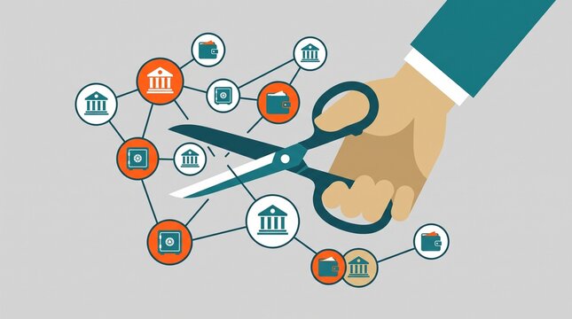 Hand with scissors cutting through a network of bank and wallet icons, illustrating financial disruption and removing intermediaries.
