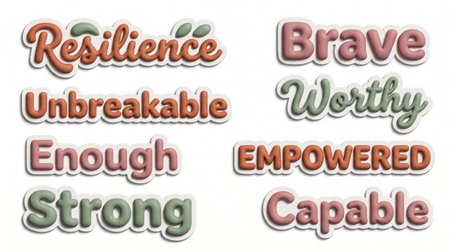Collection of 3D puffy typography stickers with positive affirmations and motivational words in earth tones for digital journaling