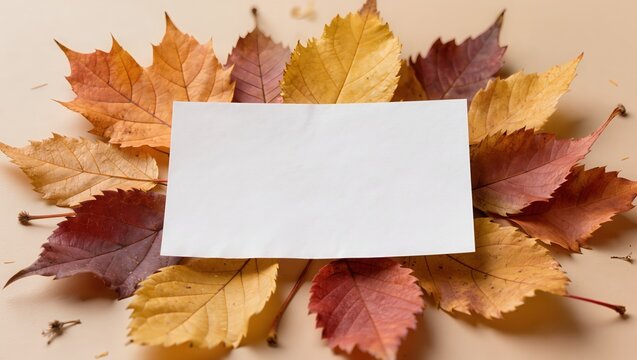 A blank white paper card surrounded by colorful autumn leaves on a beige background, representing fall season design and greeting card mockups