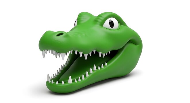 3d rendered character of a green crocodile head with an open mouth showing sharp white teeth isolated on a plain white background