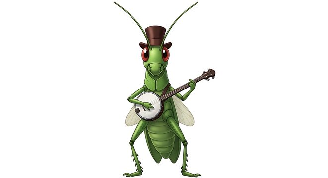 A cartoon green grasshopper character wearing a brown hat and playing a wooden banjo, isolated on a white background