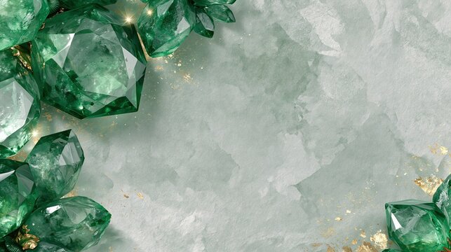Raw faceted sparkling green emerald crystals on light textured green marble background with gold specks showing luxury natural precious mineral decorative design
