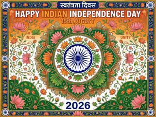 Obraz premium Indian Independence Day poster with lotus flowers, Ashoka Chakra, and date 2026