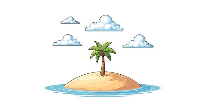 A small tropical island with a single palm tree, surrounded by blue ocean water and fluffy white clouds, cartoon style