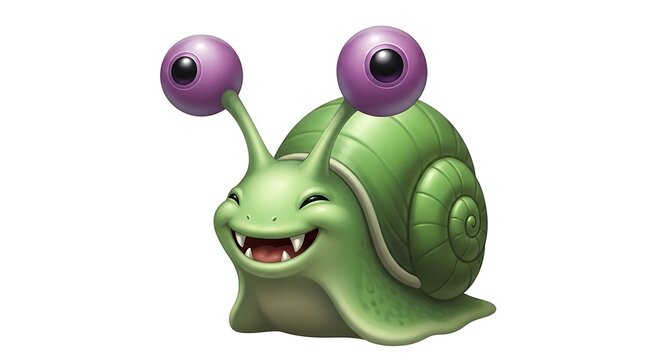 A smiling green snail character with a spiral shell and large purple stalk eyes on a white background, 3d rendered cartoon animal figure