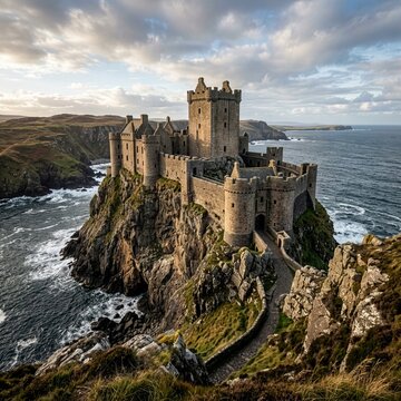 Ancient stone castle on dramatic cliff.