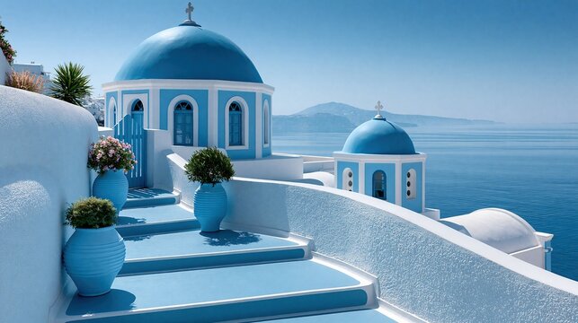 Famous blue domed orthodox churches with white walls overlooking deep blue aegean sea in santorini greece shows beautiful iconic mediterranean summer travel landscape