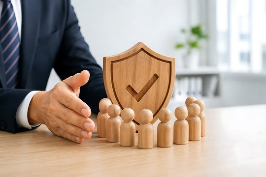 Wooden shield with checkmark protecting family of wooden figures on office desk with businessman hands, symbolizing life insurance and secure employee benefits.