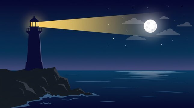 Silhouette of a lighthouse on a rocky cliff shining a bright golden light beam across a calm dark sea towards a full moon and starry night sky in a minimalist flat vector illustration.