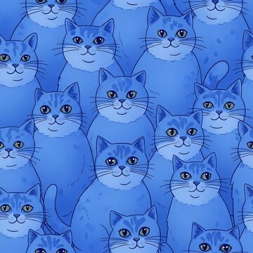 Whimsical Blue Felines: A Textured Digital Dream of Adorable Cats