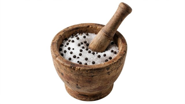 Rustic wooden mortar and pestle filled with white salt and black peppercorns ready for grinding brightly lit on an isolated white background.