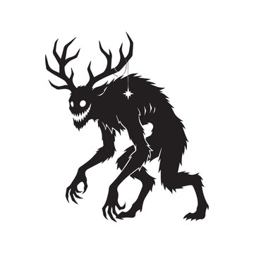 Silhouette of a Mythical Wendigo Monster or Crouching Deer Creature with Antlers and Sharp Teeth
