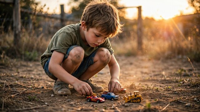 Young boy playing with toy cars on dry ground at golden hour bathed in warm sunset light capturing a nostalgic childhood moment.