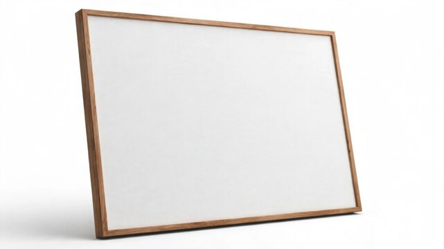 Clean blank whiteboard with a natural wooden frame leaning against an isolated white background under bright studio lighting perfect for presentations or messages.