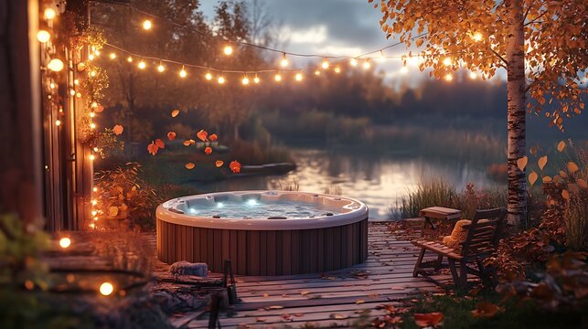 Luxury outdoor hot tub retreat with autumn foliage and string lights overlooking a serene lakeside landscape