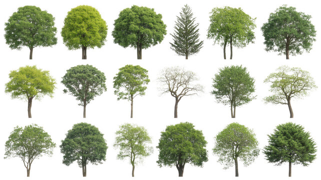Collection of various deciduous and coniferous trees isolated on a white background.