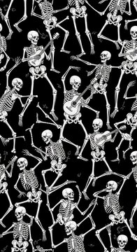 Animated Skeletons Dance Freely Under Starlit Night, a Gothic Illustration