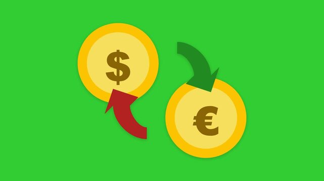 Flat Style Dollar to Euro Currency Exchange Animation on Green Screen Background