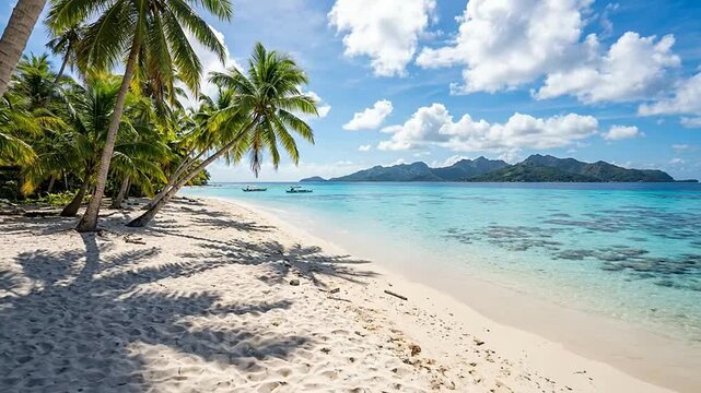 Tropical Beach Scene with Palm Trees, Clear Water, and Blue Sky