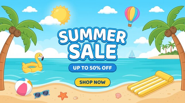Summer sale beach banner with palm trees and discount offer