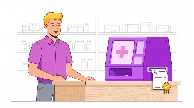 Pharmacist preparing prescription at counter