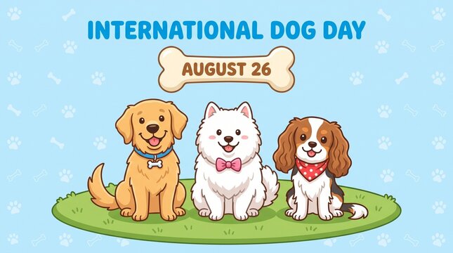 Three cute dogs sitting on grass for international dog day