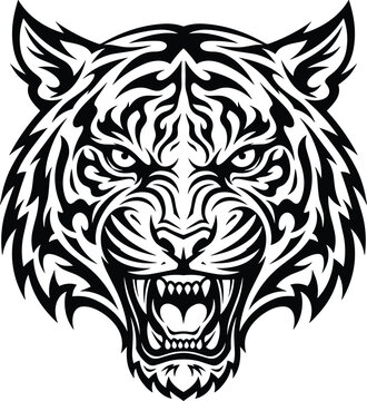 Angry Roaring Tiger Head Tribal Tattoo Vector Mascot Logo with Aggressive Fangs and Linework Graphics for Esports Gaming Teams and Merchandise