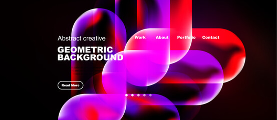 Obraz na płótnie Canvas Abstract design features vibrant overlapping shapes. Text highlights work, about, portfolio, contact options. Dark background enhances colorful elements.