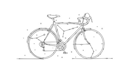 Hand-drawn line art bicycle with constellation pattern, white background © Sumber