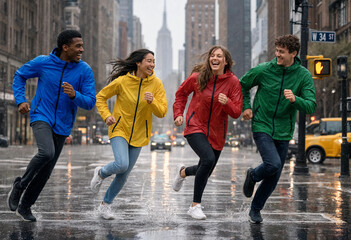 Naklejka premium Four friends sprint through rainy city streets