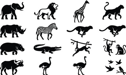 Fototapeta premium African Safari Wildlife Animal Silhouette Icon Set featuring Elephant Lion Giraffe Leopard Rhino Zebra and Cheetah Vectors for Nature Branding Designs